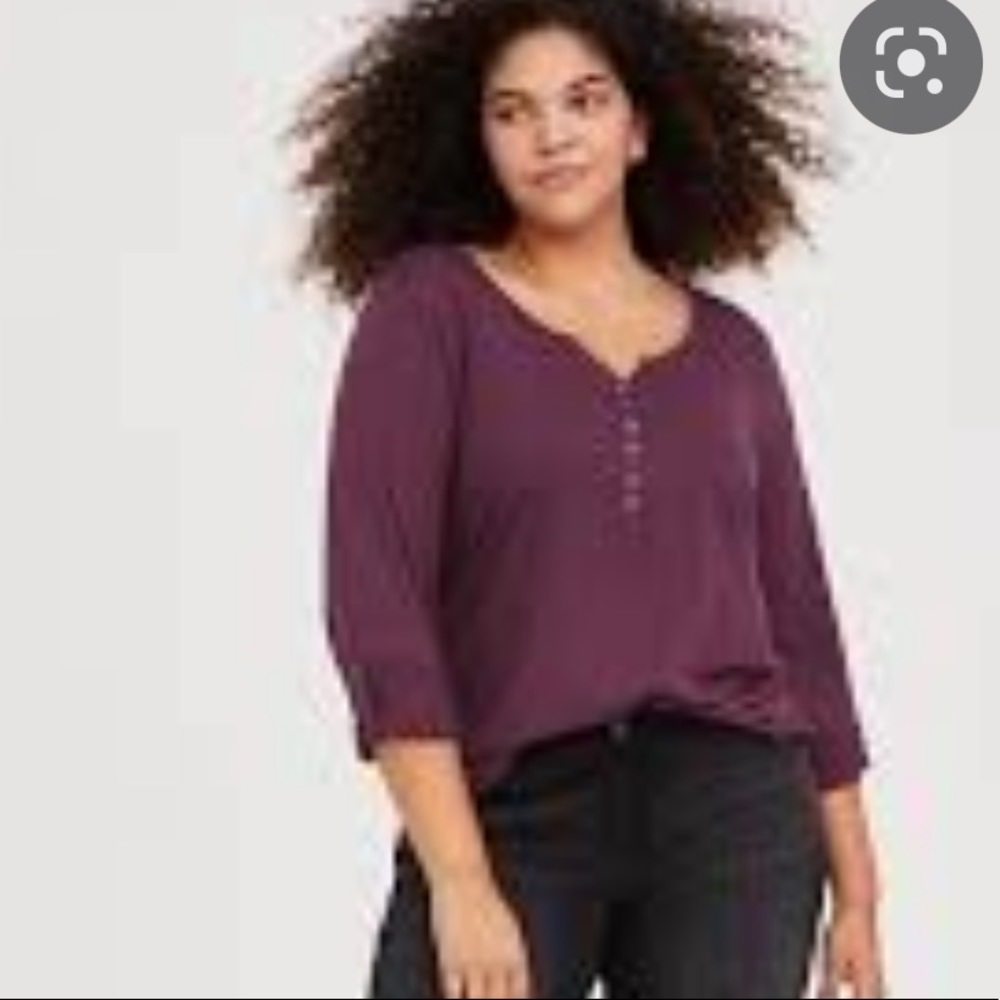 Torrid Plus Size 2X‎ Purple Henley Quarter Button Long Sleeve Girlfriend Top